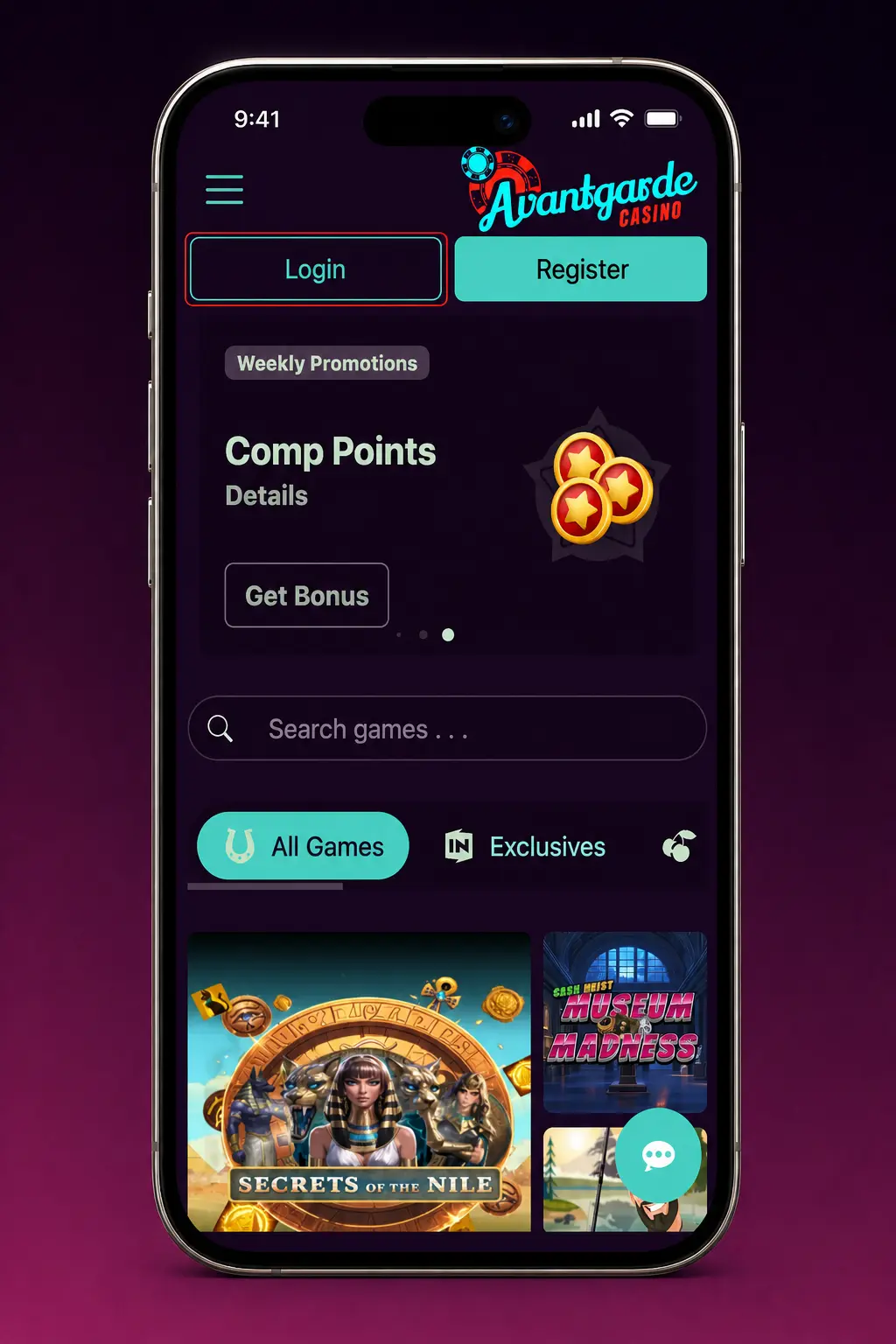 Avantgarde Casino mobile app login screen