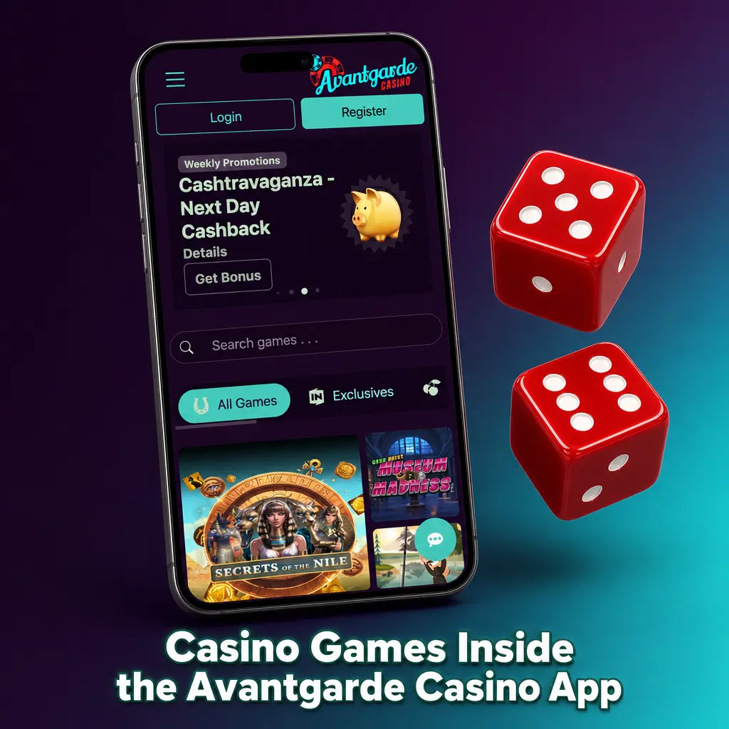 Avantgarde Casino app game lobby showing slots and live tables